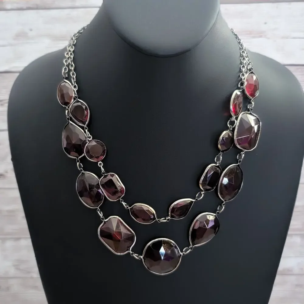 Vintage Necklace Dark Red and Dark Silver Tone / Grey Statement Necklace